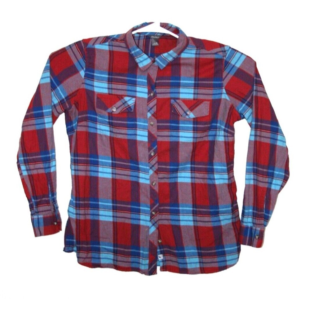 Eddie Bauer Womens XL Blue Red Plaid Button Up Long Sleeve 100% Cotton Shirt